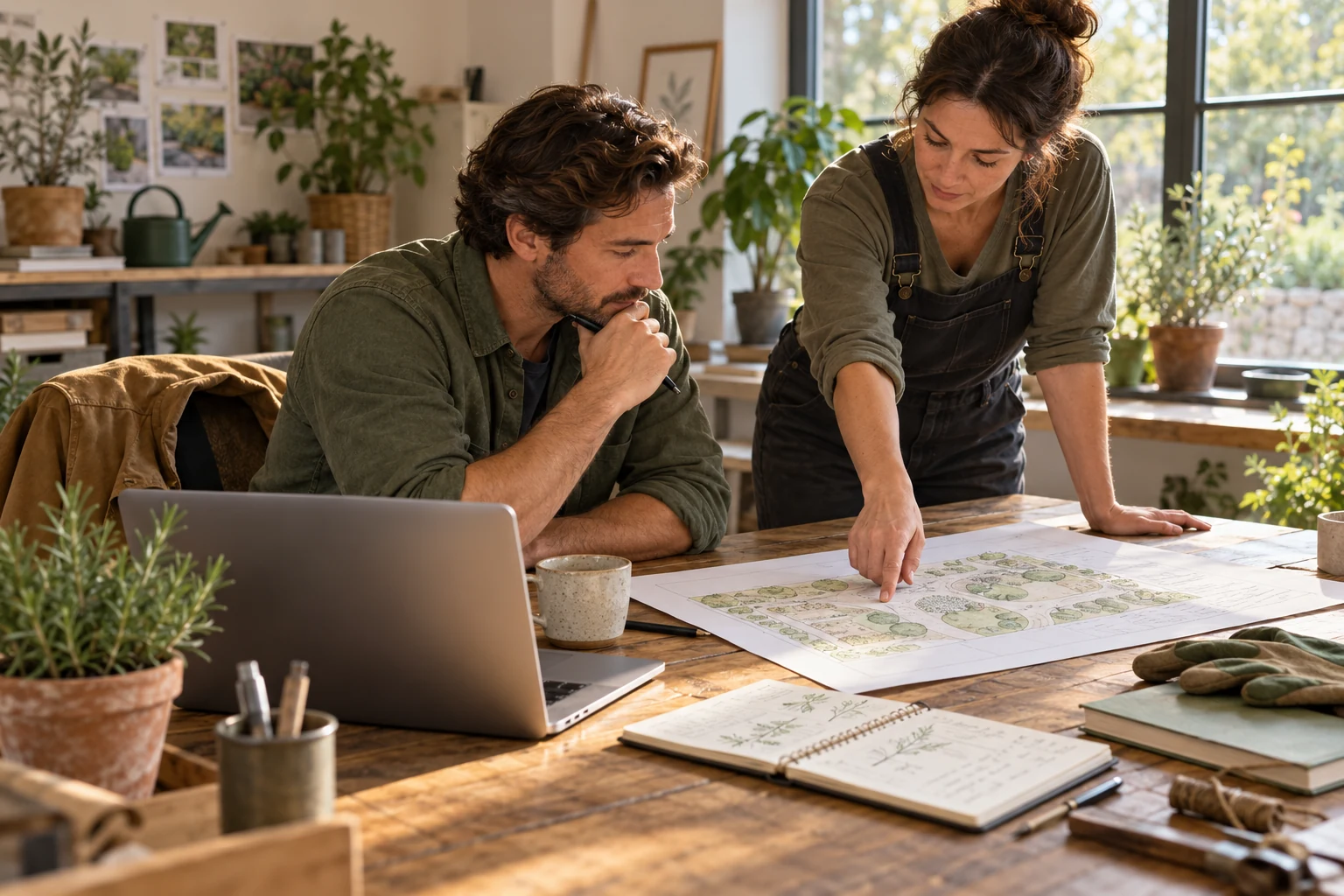 Two people at an imagined garden business compare a printed planting plan with field notes beside a laptop.