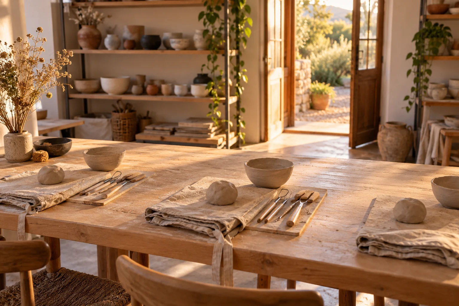 Clay, bowls and modeling tools arranged at three workspaces in a sunlit pottery studio.