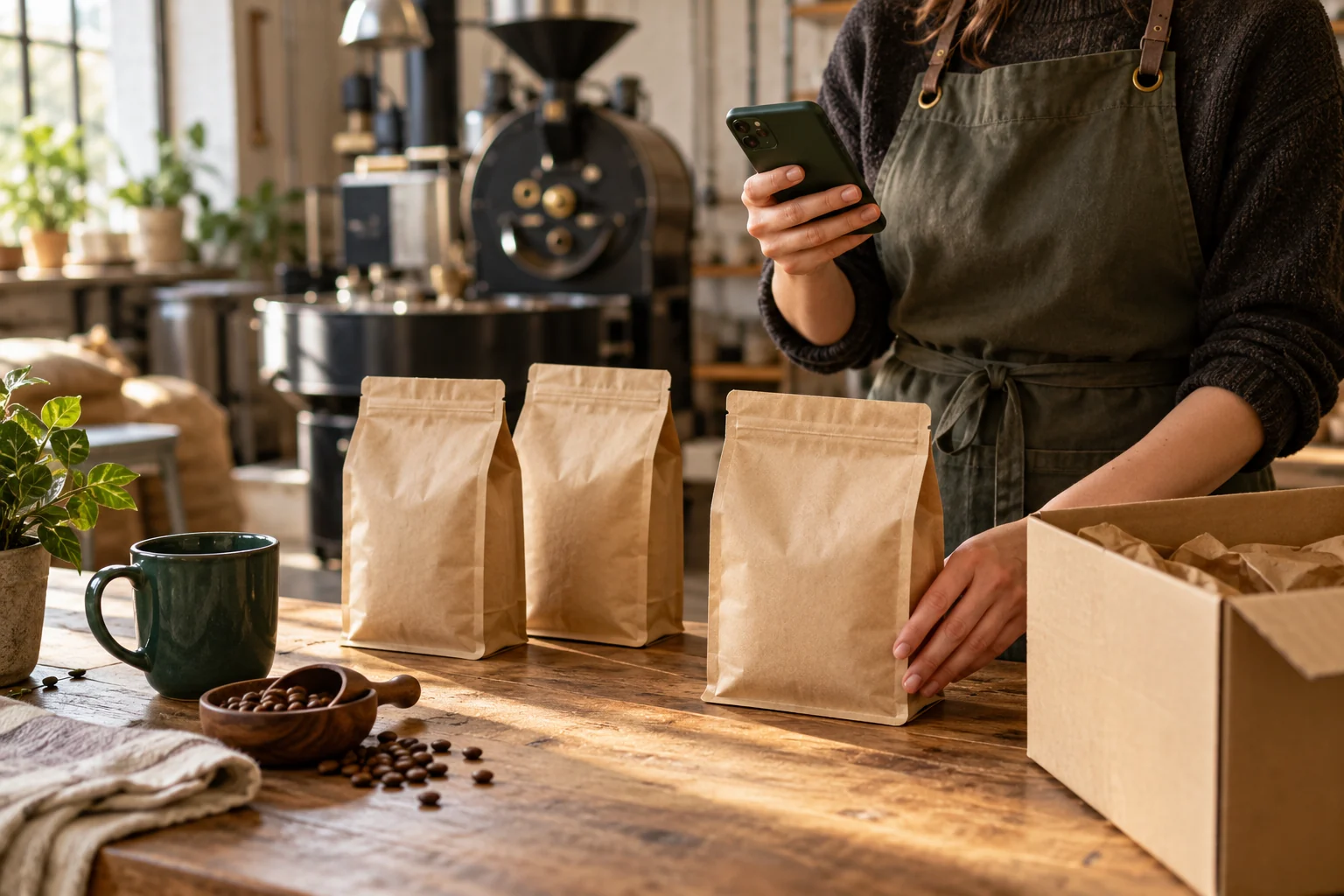 An imagined coffee roaster holds a phone beside three unbranded coffee bags and a packing box.