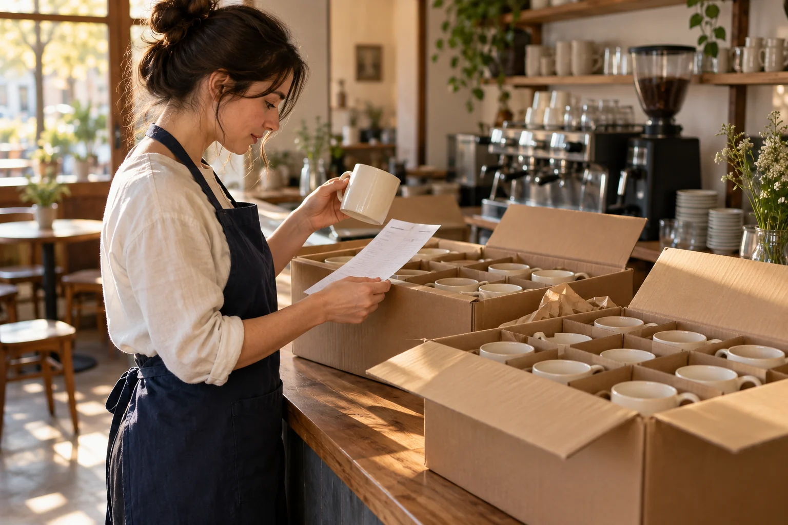 An imagined café owner compares a delivery slip with cartons of ceramic mugs.