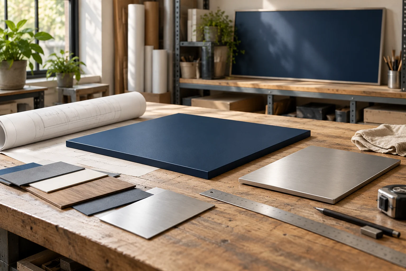 Blank sign panels, material samples and paper plans arranged on a sunlit workshop bench.