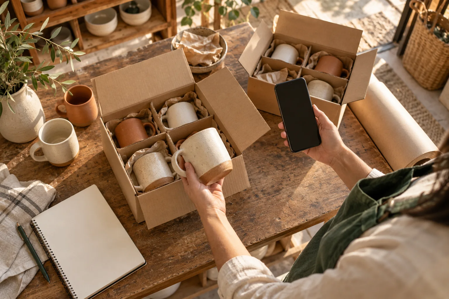 AI-generated illustrative scene of a ceramics seller holding a blank-screen phone while packing mugs into boxes
