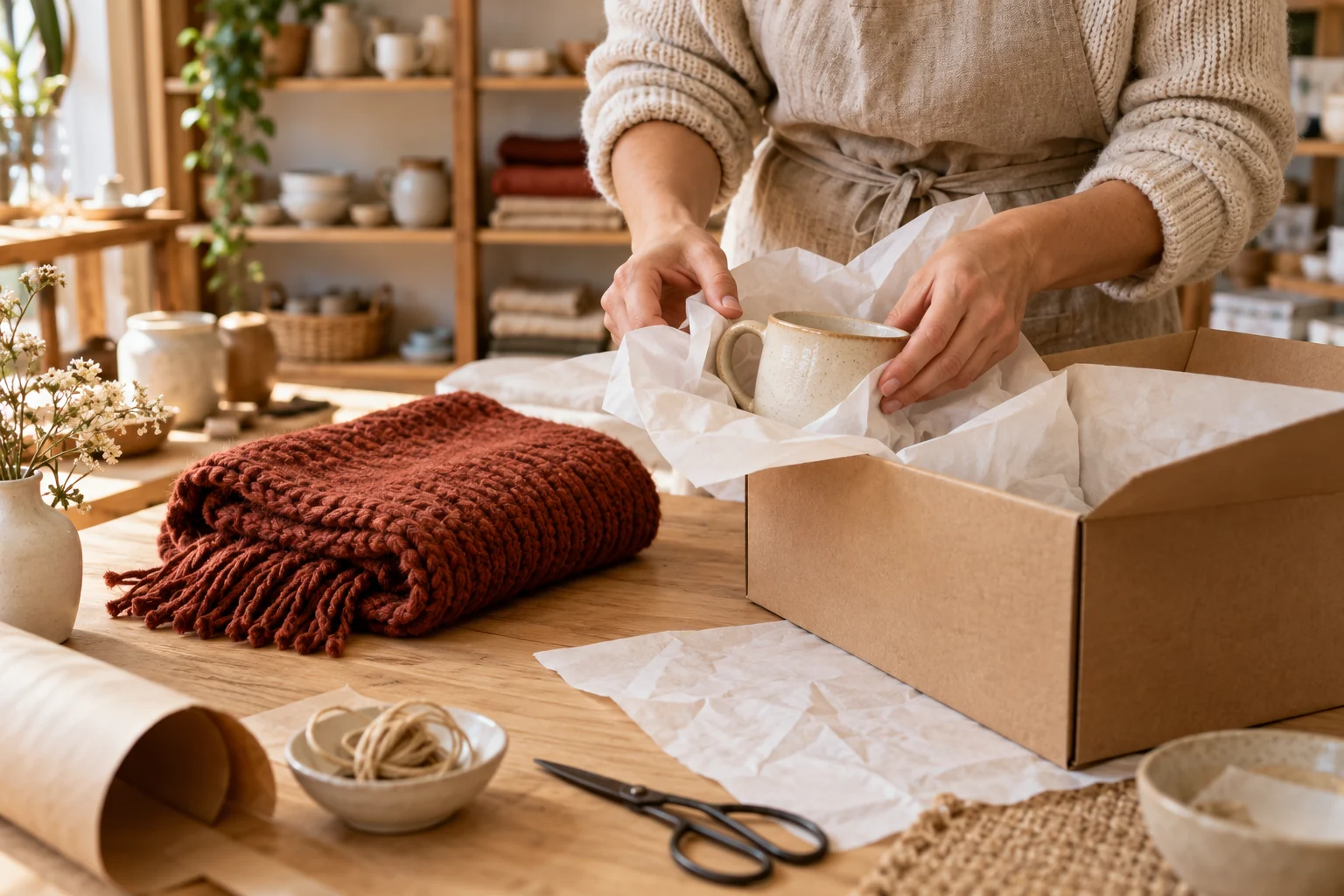 A shopkeeper wrapping a cream ceramic mug beside a rust-colored scarf and an open shipping box in a sunlit homewares shop.