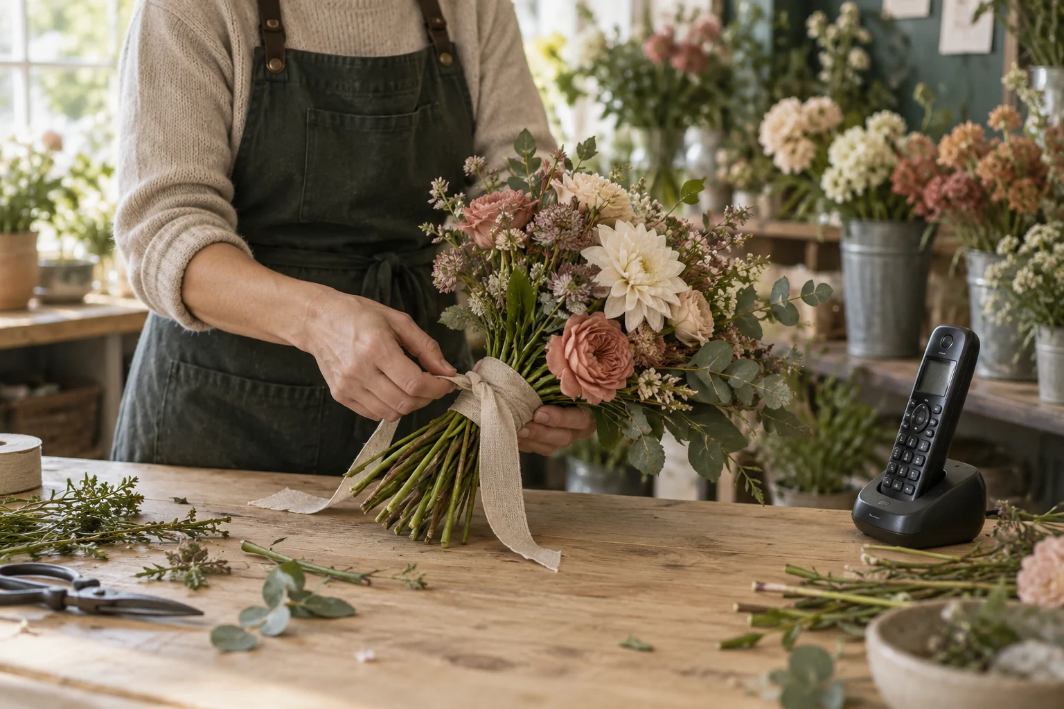 AI-generated illustration of a florist tying a bouquet beside an unattended cordless shop phone