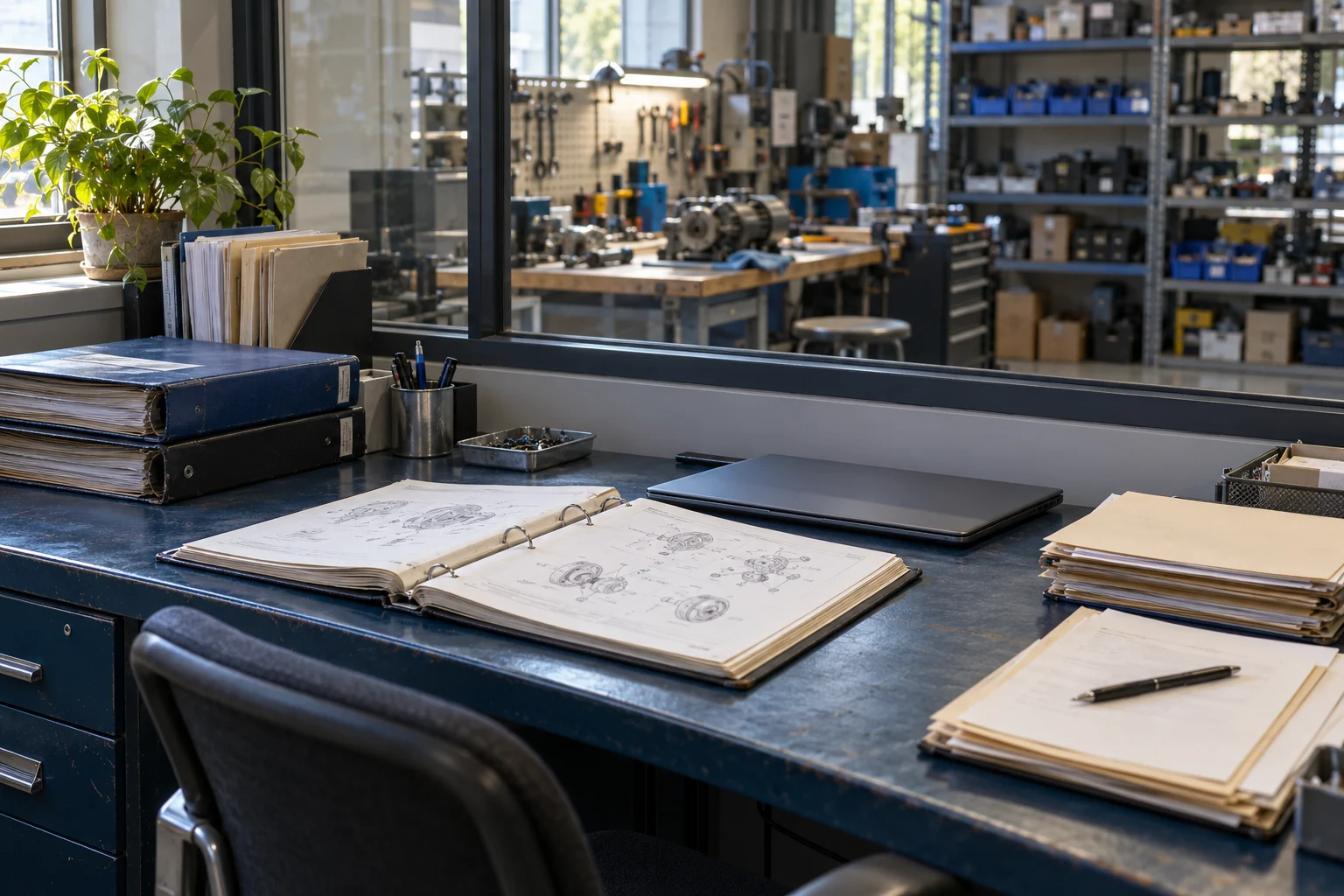 Illustrative repair-shop office with paper manuals, job folders and a closed laptop beside a workshop