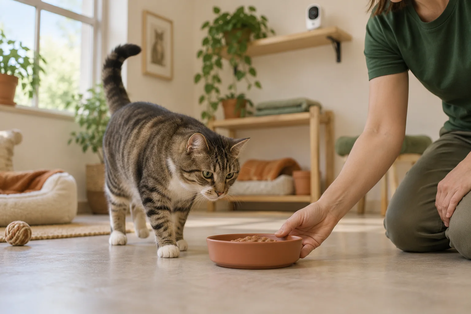AI-generated illustration of a caregiver supervising a cat approaching a food bowl, with a small camera overlooking the room