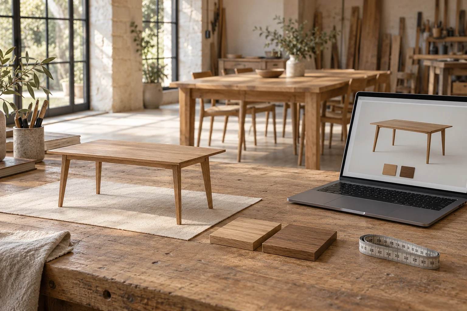 A scale model of an oak dining table beside finish samples and a laptop showing a conceptual table preview in a sunlit workshop.