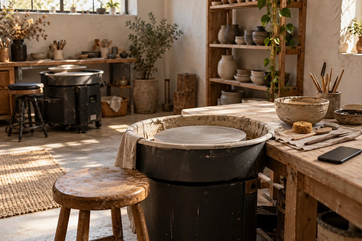 An imagined pottery studio with an empty stool, prepared wheel and tools beside a phone.