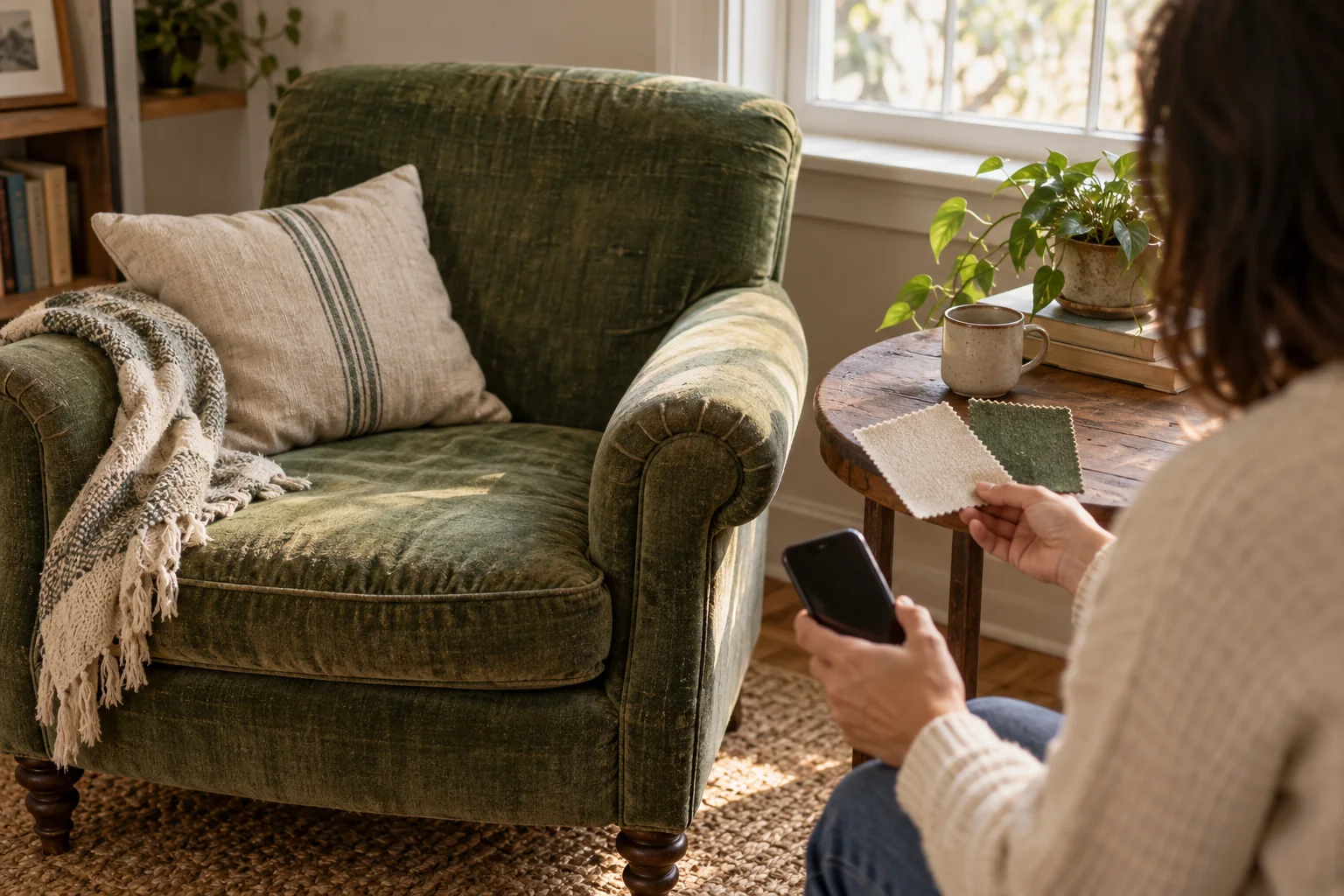 AI-generated illustration of a homeowner comparing fabric swatches beside a worn green armchair while holding a phone