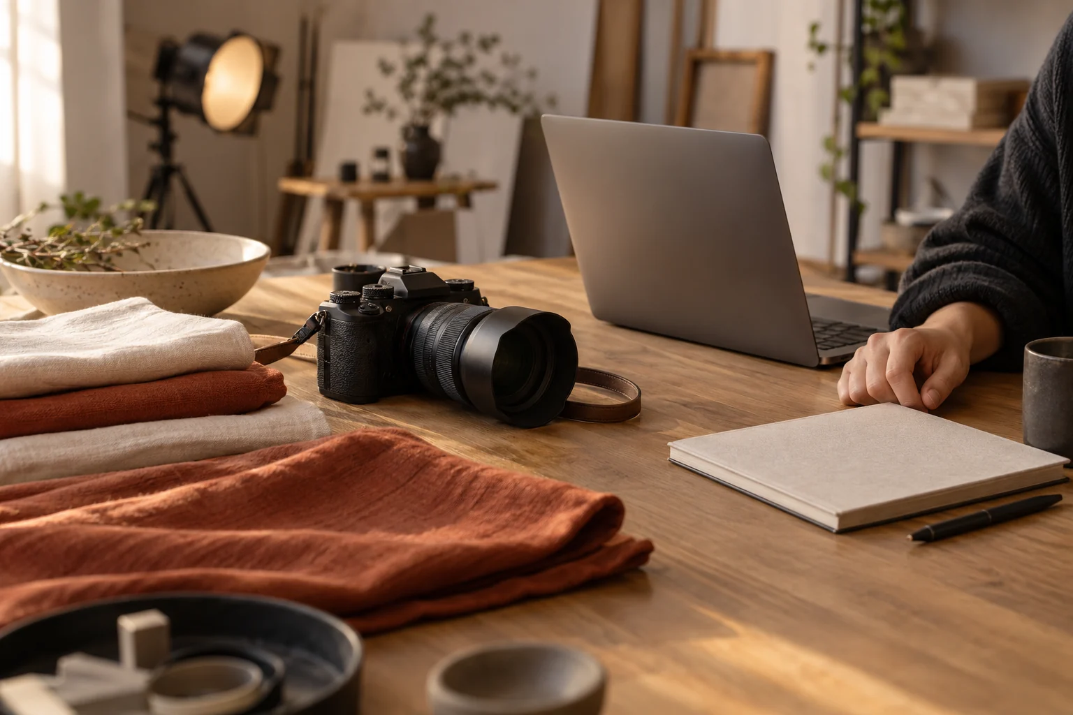 A camera, fabric samples, notebook and laptop in an imagined independent photographer’s studio.