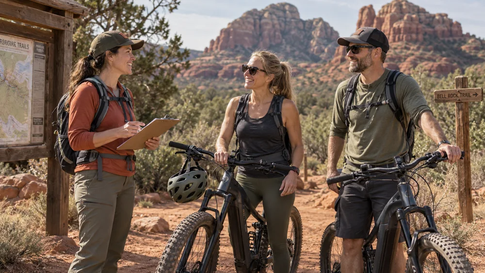 A Sedona tour guide checking in guests beside their e-bikes
