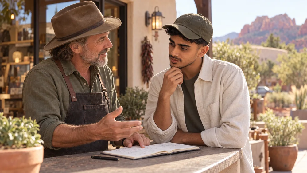 Jaden discussing business needs with a local shop owner