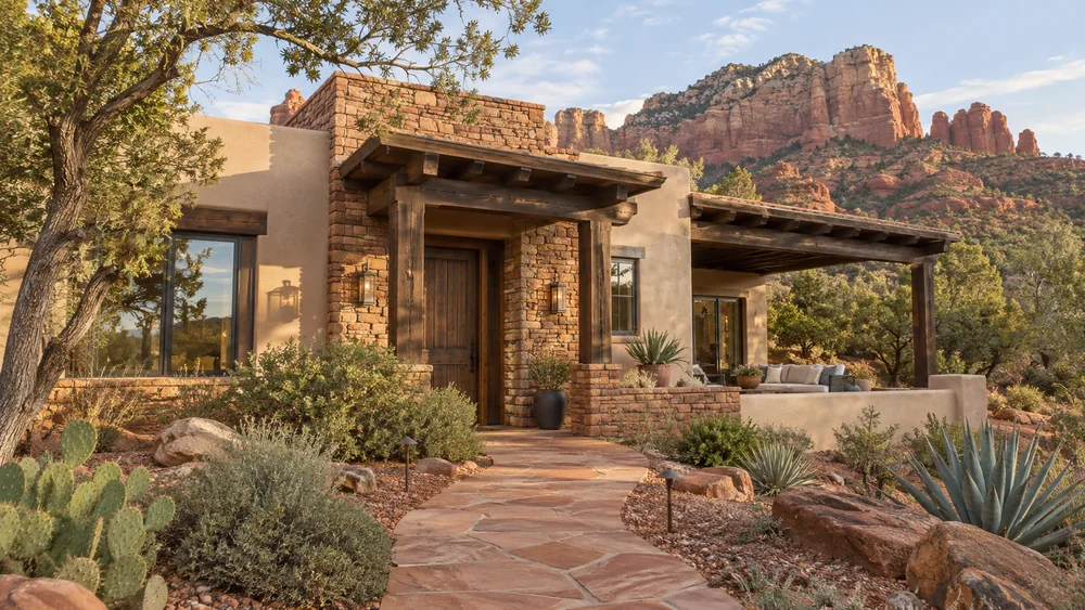 A Sedona vacation property with sandstone, timber, and desert landscaping