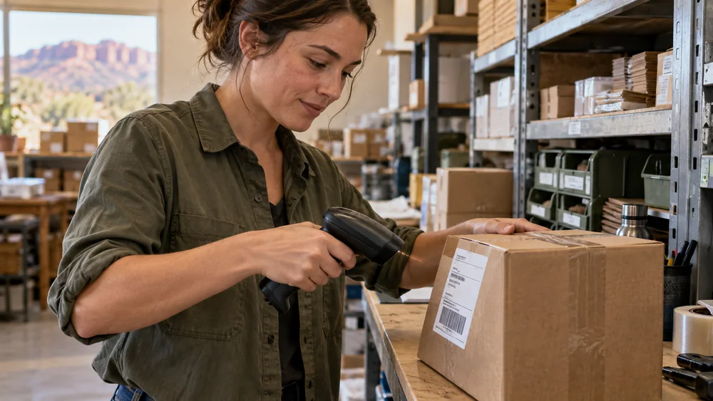 A stockroom employee scanning a parcel to organize inventory