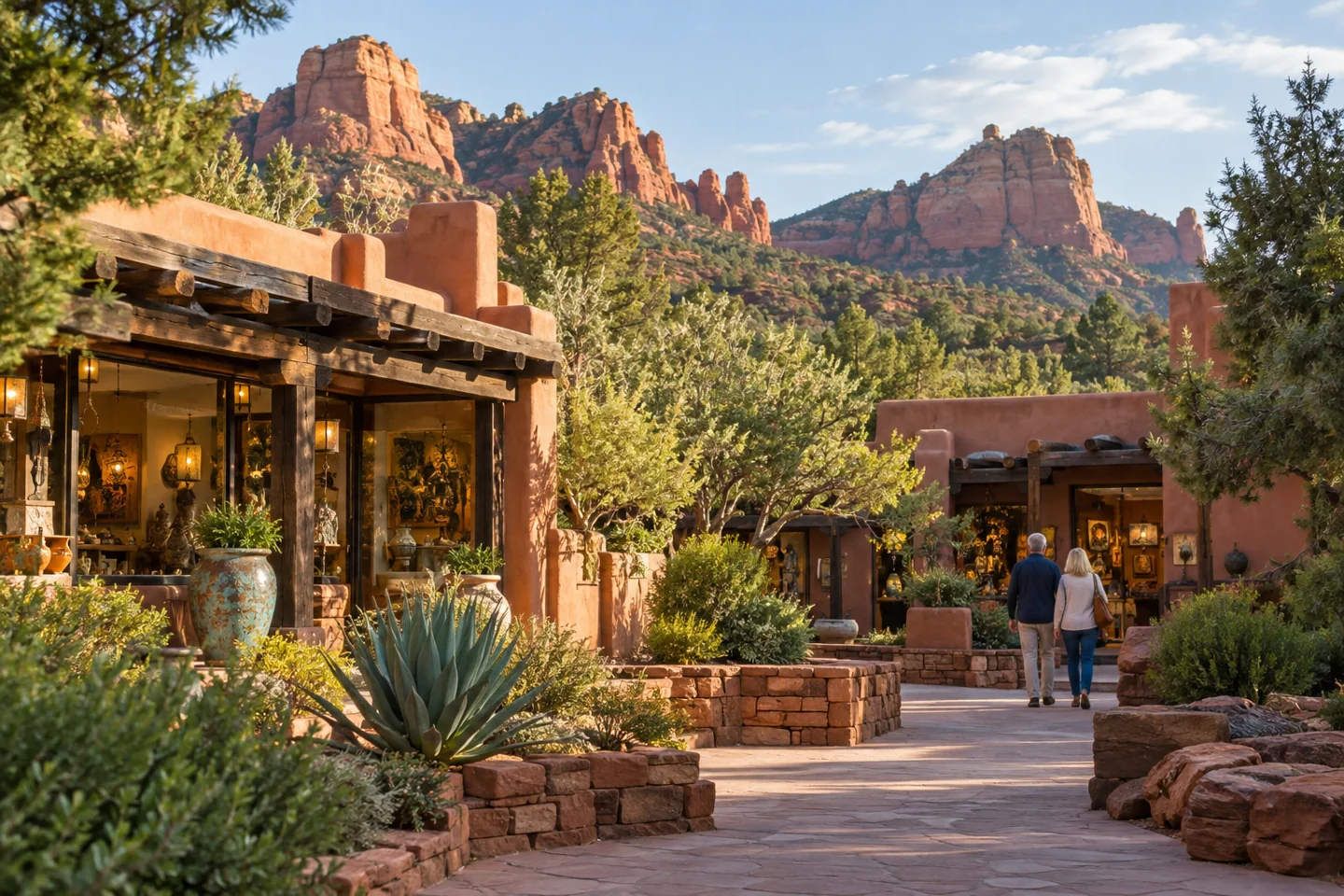 Illustrative Sedona shopping courtyard with visitors walking toward an adobe storefront