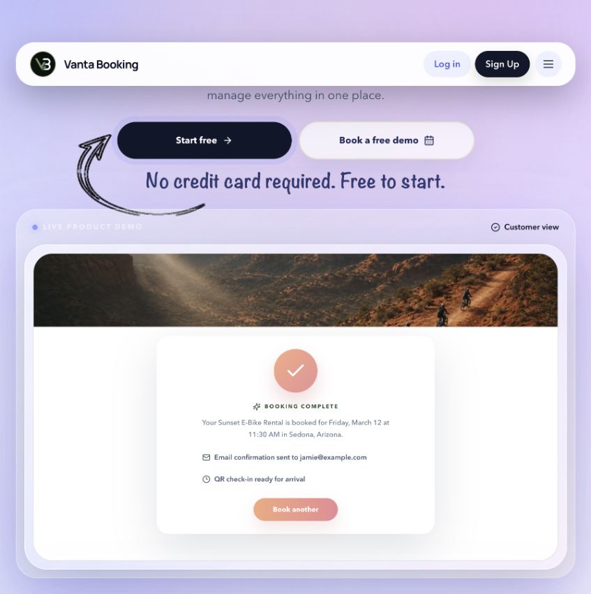 Completed booking confirmation in Vanta Booking's interactive customer demo