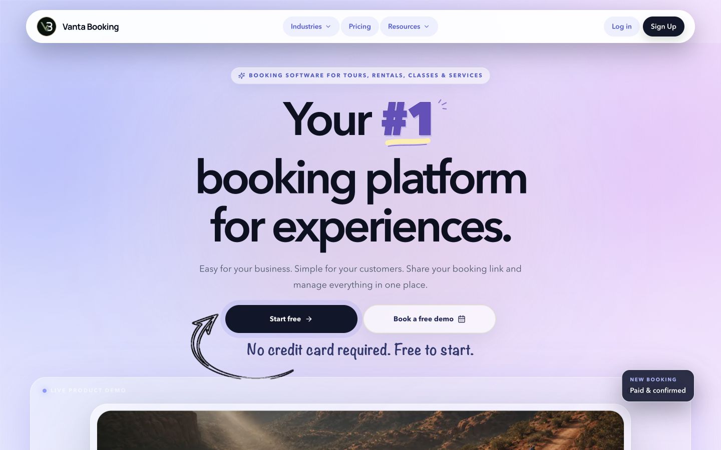 Vanta Booking website homepage