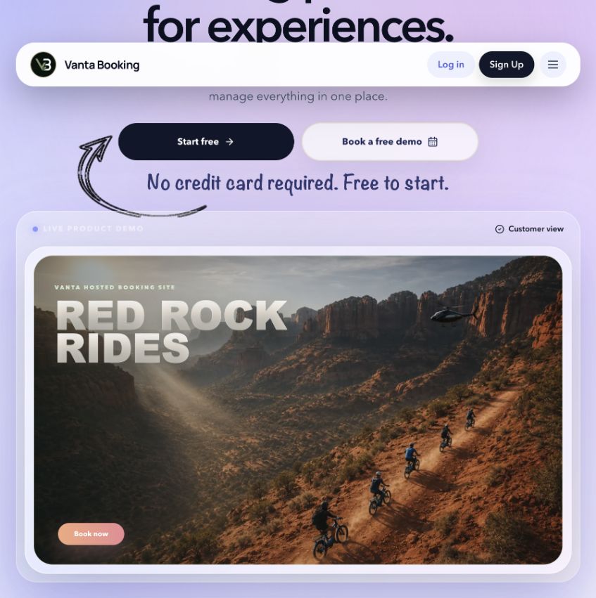Red Rock Rides illustrative hosted storefront in the Vanta Booking homepage demo